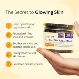 LA PURE Sebo de carne vacuna para la piel, crema facial de sebo alimentado con pasto con aloe vera, ácido hialurónico, incienso y vitamina E para hidr