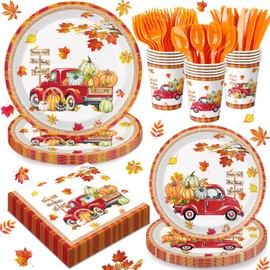 QIYANPAX 168Pcs Fall Paper Plates and Napkins Pumpkin Trucks Disposable Tableware Paper Plates, Napkins, Cups, Cutlery for Fall Thanksgiving Party Decorations, Serves 24