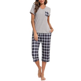 iClosam Women's Pyjamas Set Cotton Pajamas Sleepwear Short Sleeve Loungewear Top and Checked Capri Pants Pjs Set Soft Nightwear Black