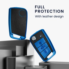 kwmobile Key Cover Compatible with VW Golf 7 MK7 3 Button Car Key - TPU Leather Look Car Key Fob Protector - Blue/Black