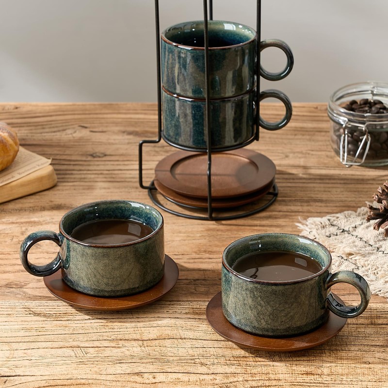 LUKA 6 Ounce Porcelain Stackable Espresso Cups with Saucers and
