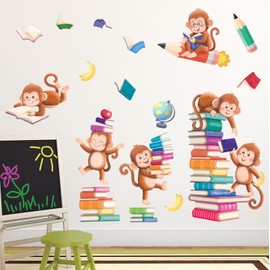 DECOWALL SG2-2402 Book and Monkey Wall Sticker Decor Kindergarten Nursery Kids Room DIY Wall Decal Wall Art Sticker Boy Girls Children Bathroom Decor Bedroom Teen Kids Wallpaper Wallpaper Furniture