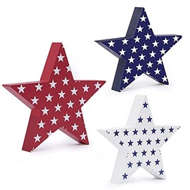 Sawowkuya 3 Pieces Independence Day Wooden Star Signs Patriotic Wooden Star Standing Blocks Freestanding Table Signs for 4th of July Amercian Independence Day Party Home Decoration