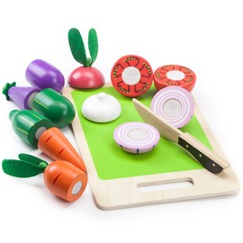 Wood Eats! Veggie Slicers Playset | Includes Eggplant, Tomato, Onion, Radish, Carrot, Zucchini Wooden Vegetables and Safe Knife| Teaches Fractions and Refines Motor Skills by Imagination Generation