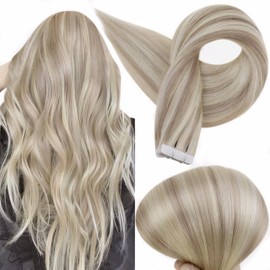 Full Shine Tape in Remy Hair Extension Color 18 Ash Blonde Highlighted 613 Bleach Blonde Hair Extensions Tape ins 14 Inch Double Sided Skin Weft Tape ins Human Hair Extensions 50g Seamless Hair 20Pcs