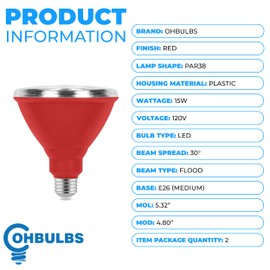 OHLECTRIC PAR38 Red Flood Light Bulb with E26 Base - 15W Energy Efficient & Weatherproof LED Light - Perfect for Parties & Holiday Lighting | (Pack of 2)