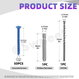 Swpeet 52 pieces 3/16 inch x 3-1/4 inch flat head concrete screw anchor with screwdriver bit and drill assortment kit, concrete screws, self-screwing cement screws for anchoring to masonry