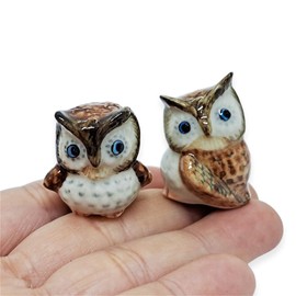 WitnyStore Tiny 1⅛" Brown White Owl Turning Head Figurine - Miniature Hand Made Painted Ceramic Owls Owlet Nocturnal Bird Cute Porcelain Animal Colorful Small Decorative Collectible Figure Décor Gifts