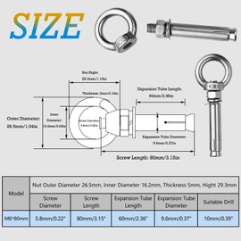 Reedny,Eyebolt Bolt Stainless Steel Wall Concrete Brick Anchor Expansion Bolts Ring Screw Eyes, Heavy Duty Anchor Fastener Eye Bolt (M6, 4 Pcs)