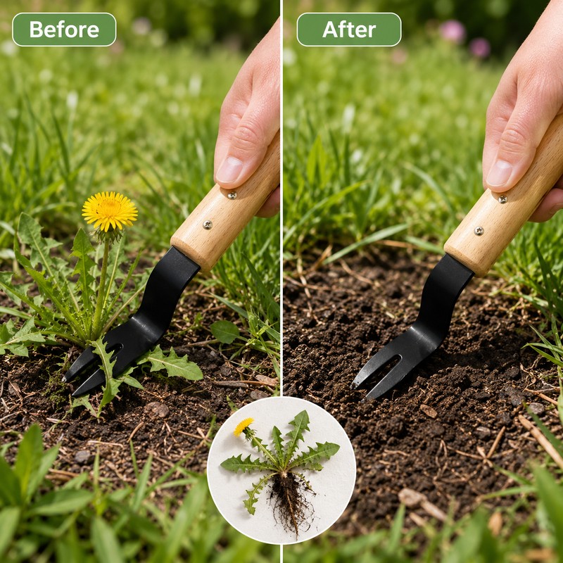 Handheld Dandelion Puller for Garden Weeding – Steel V-Fork Weed