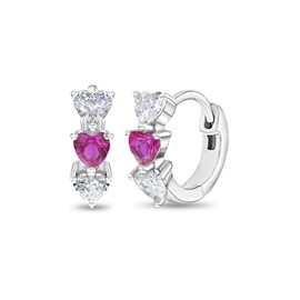 925 Sterling Silver Clear & Fuchsia Cubic Zirconia Heart Huggie Earrings 10mm - Lovely Pair of Heart Hoop Earrings For Infants, Toddlers & Young Girls- Lovable Earrings Best For Birthday Gift