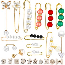 24 Pieces Faux Pearl Brooch Pins with Box, Sweater Shawl Safety Pins with Cover up Buttons Pins Brooches Sets for Women Dresses Pants Clothing