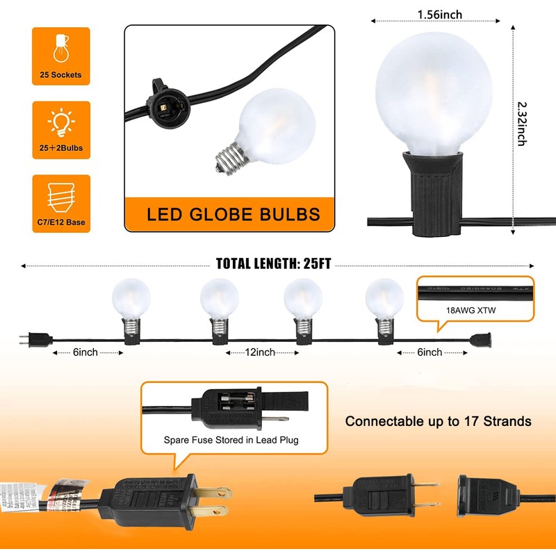 GOOTHY G40 LED Globe String Lights, 25Ft Outdoor Porch Frosted