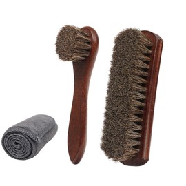 3-Pcs 100% Horsehair Shoe Brush for Leather Shoes Boots Purse Cleaning and Daily Care Concaved Handle Brush with Dauber Applicator Brush with Microfiber Cloth
