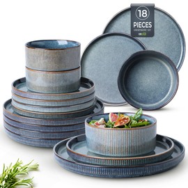 GBHOME Stoneware Dinnerware Sets for 6,Round Reactive Glaze Ceramic Plates and Bowls Set,Highly Chip and Crack Resistant | Dishwasher & Microwave Safe Dishes Set,Dishware Service for 6(18pc)