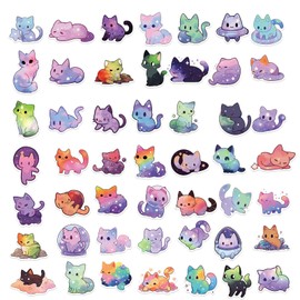 50pcs Cartoon Rainbow Starry Sky Cat Stickers, Cute Aesthetic Cat Waterproof Stickers, Vinyl Stickers for Water Bottle, Laptop, Phone, Skateboard Stickers for Teens Girls Kids and Women (Starry)