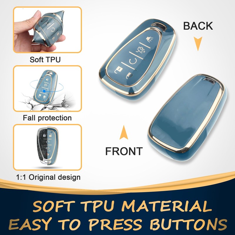 QBUC for Chevy Key Fob Cover with Keychain(Gold Trim Blue)