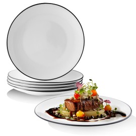 YOLIFE 10 inch Porcelain Dinner Plate Set of 6 - Round White Plates with Black Edges