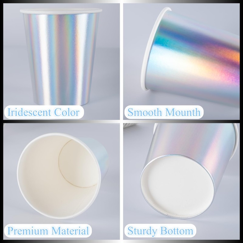 CEILIWEN 100 Pack 9oz Iridescent Holographic Rainbow Paper Cups -