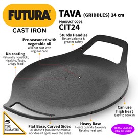 HAWKINS Futura 24 cm Cast Iron Tava, Cast Iron Tawa for Roti, Cast Iron Cookware for Kitchen, Black (CIT24)