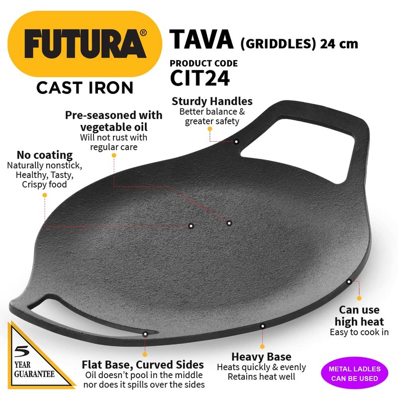 HAWKINS Futura 24 cm Cast Iron Tava, Cast Iron Tawa