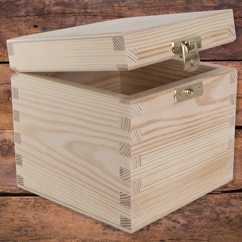 Small Square Cube Wooden Box with Lid & Clasp Closure