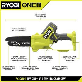 Ryobi ONE+ 18V 6 in. Battery Compact Pruning Mini Chainsaw (TOOL ONLY- battery and charger NOT INCLUDED), PCLCW01B