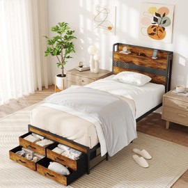 Zevemomo Twin Bed Frame with Storage Drawers, Twin Metal Bed Frame with LED Light and Charging Station, Heavy Duty Metal Slats, No Box Spring Needed, Rustic Brown