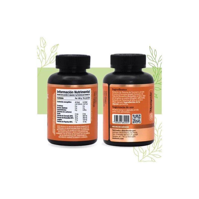 Turmeric Cúrcuma + Piperina + Boswelia + Jengibre 60 Cáps
