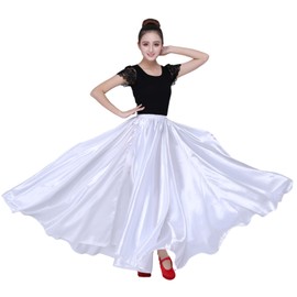 Dance Skirts for Women Satin Full Circle Ankle Length Swing Long Skirt Women Maxi Shiny Skirt for Party Costume Belly Dance (US, Alpha, One Size, Regular, Long, White)