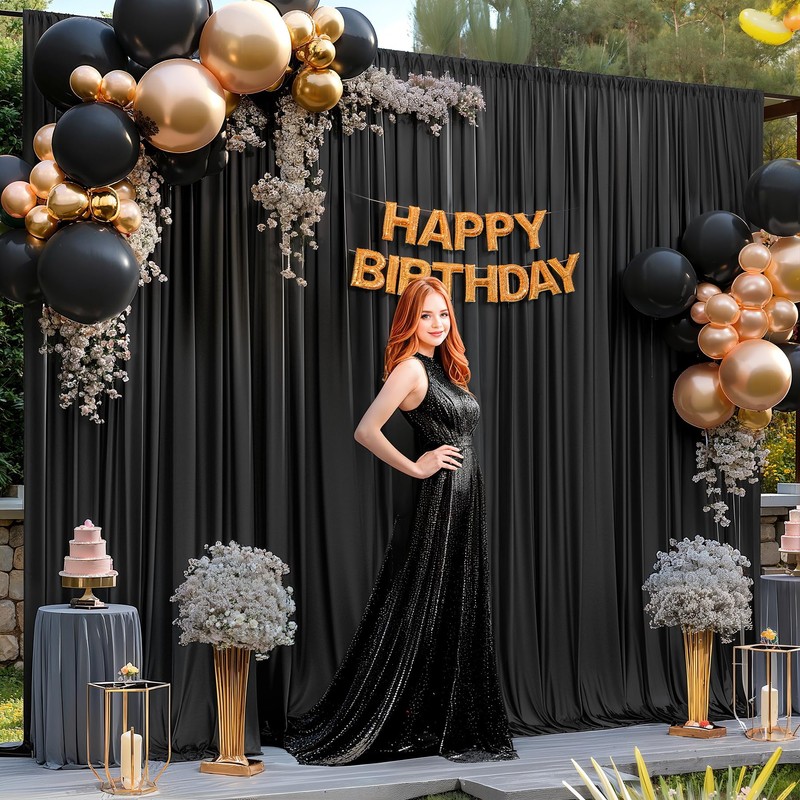 10x10ft Black Backdrop Curtain Panels for Parties - Wrinkle Free
