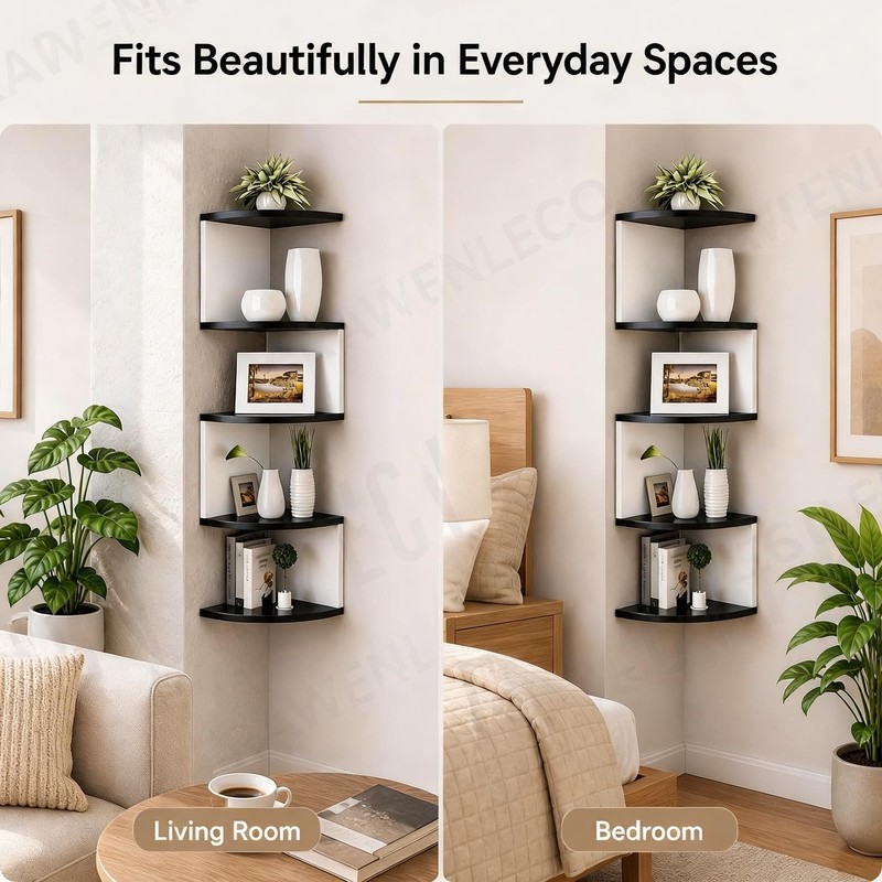 No-Drill Corner Shelf Wall Mount, 5-Tier Floating Corner Bookshelf with
