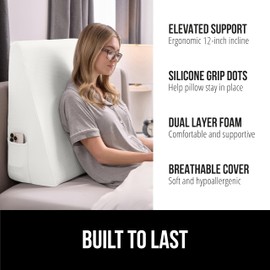 GORILLA GRIP Bed Wedge Ergonomic Sleeping Pillow, Soft Dual Layer Memory Foam, Stay in Place Dots, Breathable Cover, Headboard Triangle Sleep Support for Reading Acid Reflux Anti Snoring, 12in White