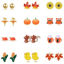12 Pairs Hypoallergenic Fall Thanksgiving Earrings Set for Women Girls Pumpkin Maple Leaf Turkey Corn Squirrel Sunflower Stud Earrings for Teen Girls Fall Jewelry Autumn Earrings Thanksgiving Gifts