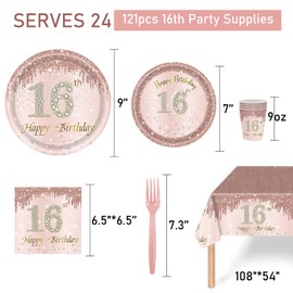 121Pcs 16th Birthday Party Supplies Plates Napkins Cups Forks Tablecloth Rose Gold Happy 16th Birthday Themed Disposable Tableware Decorations Serves 24 Guests for Girls 16 Years