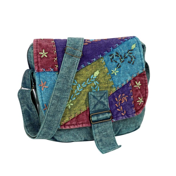Bolso bandolera de algodón hecho a mano, estilo mensajero, multicolor., Turquoise
