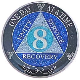 (Years 1-50) 8 Year AA Recovery Silver Color Plated Glitter Medallion, Black Rainbow, Blue, Silver Glitter Coin, Epoxy Covered (AA 8 Year Glitter Medallion)