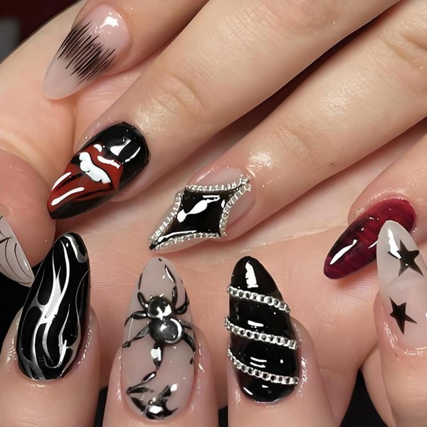 CEWEWP 24Pcs Halloween Fake Nails Medium Almond Spider Press on