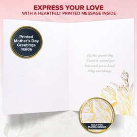 Decorably Gold-Foiled 5x7in Individual Mother's Day Card with Tulips Cutout, Gold Ribbon and Pearls, Textured Mothers Day Card with Envelope and Sealing Wax, with Printed Message Inside