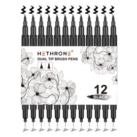 Hethrone Black Markers for Drawing - Brush Pens with Felt Tips for Artists - Calligraphy Pens, 12 Pack