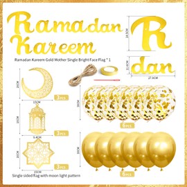 Ramadan Decoration, Eid Mubarak Decoration Set, Ramadan Kareem Banner, Golden Balloons, Moon Star Lantern Garland, Gold Glitter Pendant as Eid Festival Party Decorations