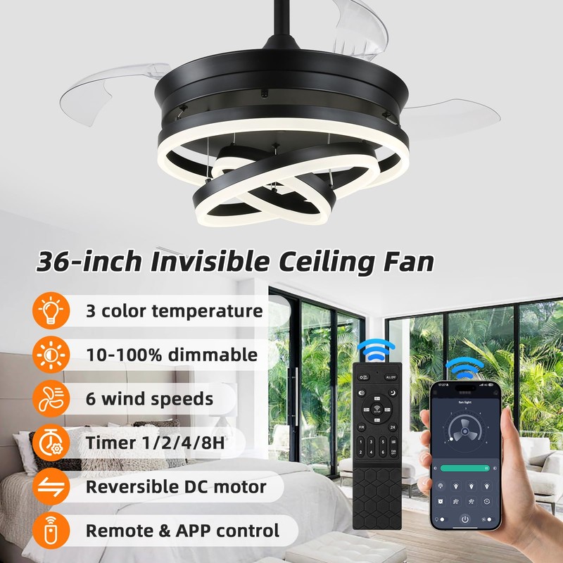 Retractable Ceiling Fan with Lights,Dimmable,6 speeds,DC Motor,36 inch Modern DIY