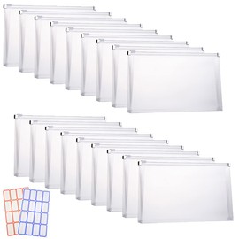 18 Pcs 5" x 10" Plastic Envelope with Zipper, Reusable Small Clear Pencil Pouch, Pencil Bag Bulk for Cash, Coupn, Receipt, Cards, Money, Bills, with Free Sticker Labels