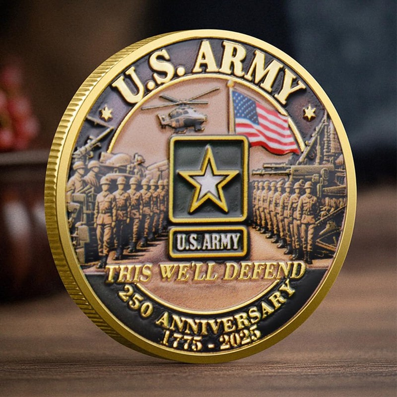 U.S. Army 250th Anniversary Commemorative Gold-Plated Challenge Coin, Double-Sided High