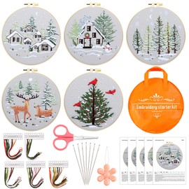 Tigeen 5 Sets Embroidery Starter Kit for Beginners Adults Kids Cross Stitch Embroidery Kit for Winter Snow Scene Christmas with Instructions Embroidery Hoops Needles Colored Threads Needle (tree)