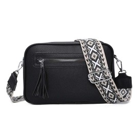 Womens Double Zip Tassel Charm Lightweight Handbag Shoulder Crossbody Bag -BLACK