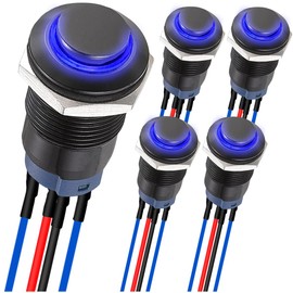 MKBKLLJY 5Pcs 12mm Momentary LED Push Button Switch Black Shell with Pre-Wiring IP65 Waterproof Push Button Switch SPST 2Position ON OFF with Blue LED for Auto Car Marine Boat Truck Equipment