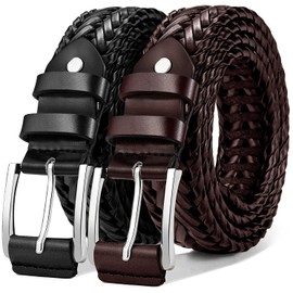 Paquete De 2 Cinturones Hombre,KEMISANT Cinturón De Cuero Trenzado Tejido Para Hombres Pantalones De Golf Casuales Camisas Polo A Juego(Negro/Rojo Vino,105cm/30"-34"Cintura ajuste)