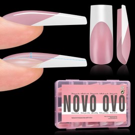 NOVO OVO Französisch Tipps Vorgefertigte APEX quadratische Nagelspitzen, BERRY PINK, Acryl-Nagelspitze zum Aufpressen, vorab aufgetragener Tip-Primer und Basislack, dicke 15 Größen 150 Stückk