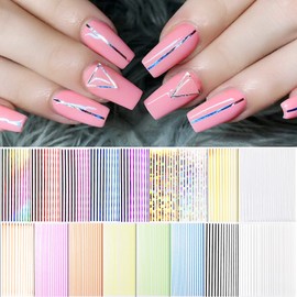 EBANKU 17 Sheets Strip Line Nails Stickers, 3D Fluorescent Laser Gold Adhesive Striping Tape Nail Decals for Women Girls Nail Art Design Deacoration